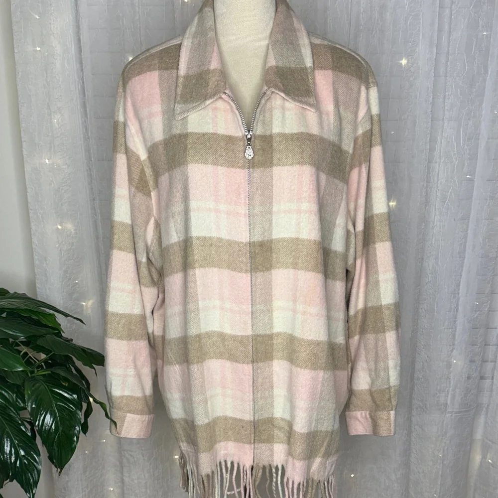 Elegant Plaid Pink and Tan Flannel Jacket for Women